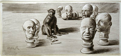 Richard Müller (1874-1954),ein ziemlich ratloser Affe, zwischen Gipsköpfen sitzend,a
quite helpless monkey, sitting between plaster-busts